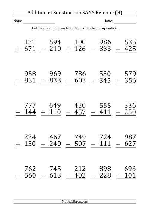 Addition et Soustraction d'un Nombre à 3 Chiffres par un Nombre à 3 Chiffres SANS retenue (Gros Caractère) (H)