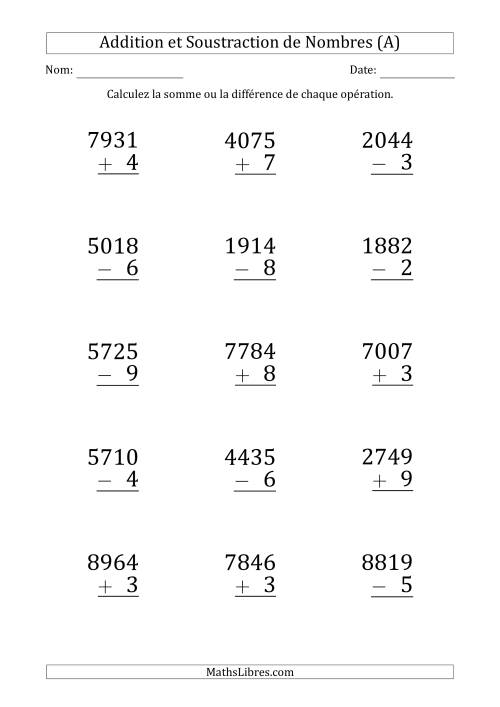 Addition et Soustraction d'un Nombre à 4 Chiffres par un Nombre à 1 Chiffre (Gros Caractère) (A)