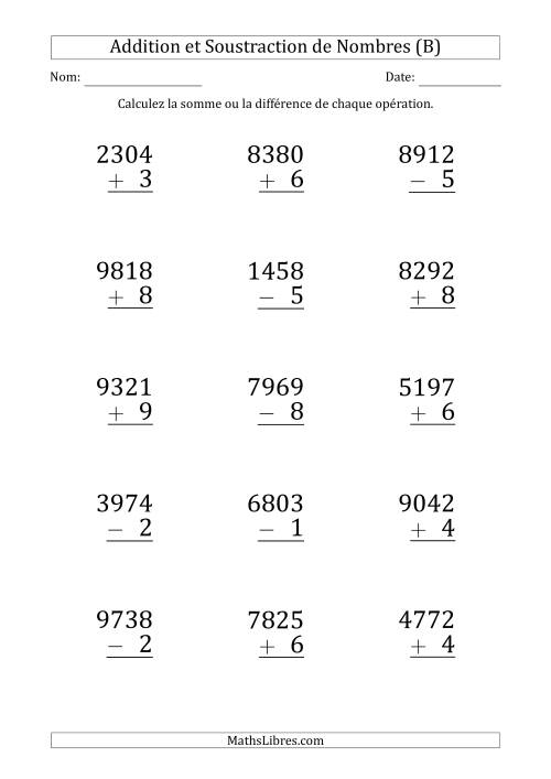 Addition et Soustraction d'un Nombre à 4 Chiffres par un Nombre à 1 Chiffre (Gros Caractère) (B)