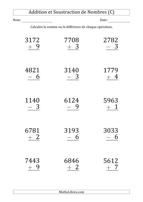 Addition et Soustraction d'un Nombre à 4 Chiffres par un Nombre à 1 Chiffre (Gros Caractère) (C)