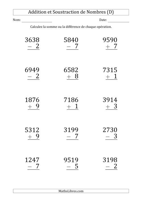 Addition et Soustraction d'un Nombre à 4 Chiffres par un Nombre à 1 Chiffre (Gros Caractère) (D)
