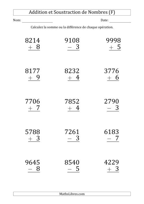 Addition et Soustraction d'un Nombre à 4 Chiffres par un Nombre à 1 Chiffre (Gros Caractère) (F)