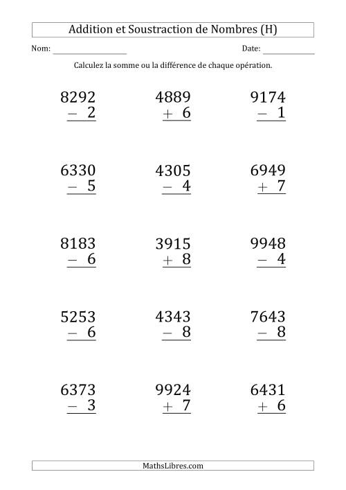Addition et Soustraction d'un Nombre à 4 Chiffres par un Nombre à 1 Chiffre (Gros Caractère) (H)