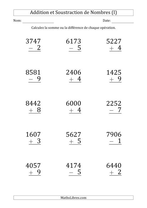 Addition et Soustraction d'un Nombre à 4 Chiffres par un Nombre à 1 Chiffre (Gros Caractère) (I)