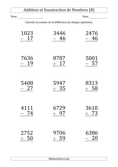 Addition et Soustraction d'un Nombre à 4 Chiffres par un Nombre à 2 Chiffres (Gros Caractère) (B)