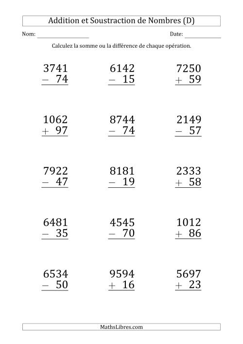 Addition et Soustraction d'un Nombre à 4 Chiffres par un Nombre à 2 Chiffres (Gros Caractère) (D)