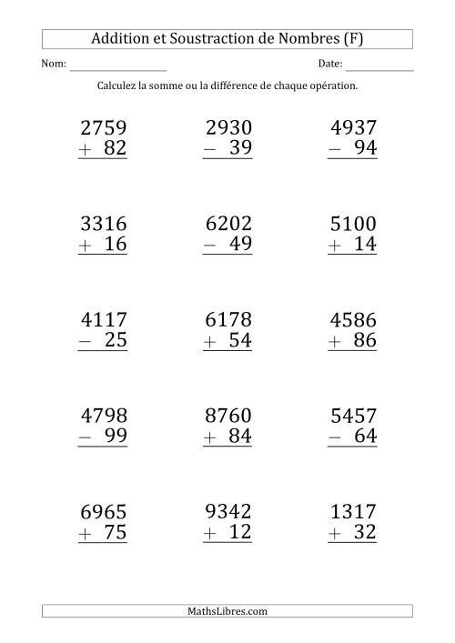 Addition et Soustraction d'un Nombre à 4 Chiffres par un Nombre à 2 Chiffres (Gros Caractère) (F)