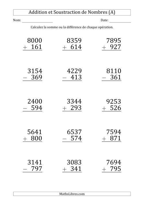 Addition et Soustraction d'un Nombre à 4 Chiffres par un Nombre à 3 Chiffres (Gros Caractère) (A)