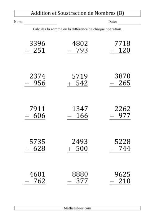 Addition et Soustraction d'un Nombre à 4 Chiffres par un Nombre à 3 Chiffres (Gros Caractère) (B)