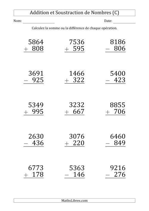 Addition et Soustraction d'un Nombre à 4 Chiffres par un Nombre à 3 Chiffres (Gros Caractère) (C)