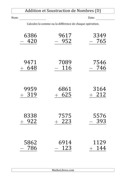 Addition et Soustraction d'un Nombre à 4 Chiffres par un Nombre à 3 Chiffres (Gros Caractère) (D)