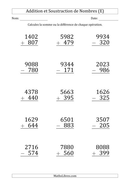 Addition et Soustraction d'un Nombre à 4 Chiffres par un Nombre à 3 Chiffres (Gros Caractère) (E)