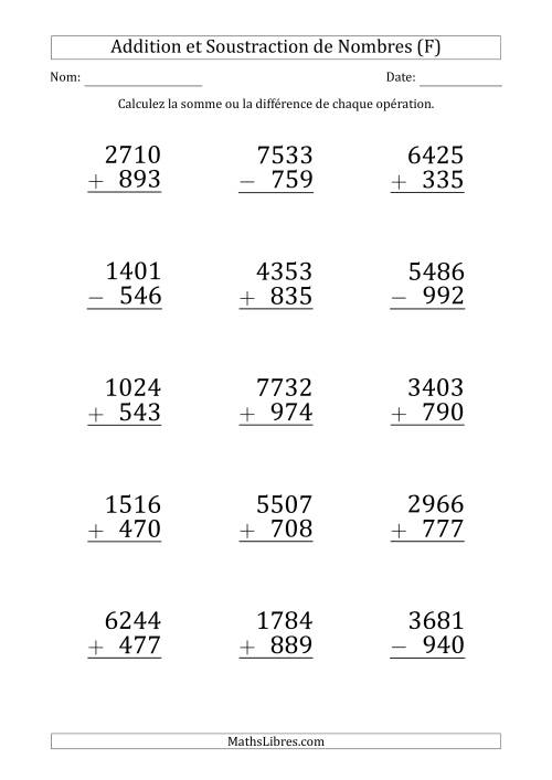 Addition et Soustraction d'un Nombre à 4 Chiffres par un Nombre à 3 Chiffres (Gros Caractère) (F)