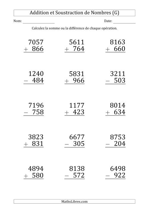 Addition et Soustraction d'un Nombre à 4 Chiffres par un Nombre à 3 Chiffres (Gros Caractère) (G)