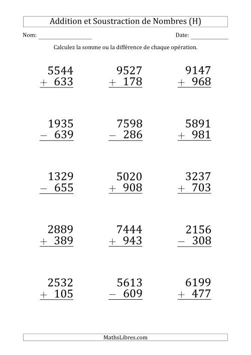 Addition et Soustraction d'un Nombre à 4 Chiffres par un Nombre à 3 Chiffres (Gros Caractère) (H)