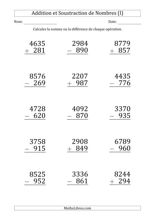 Addition et Soustraction d'un Nombre à 4 Chiffres par un Nombre à 3 Chiffres (Gros Caractère) (I)