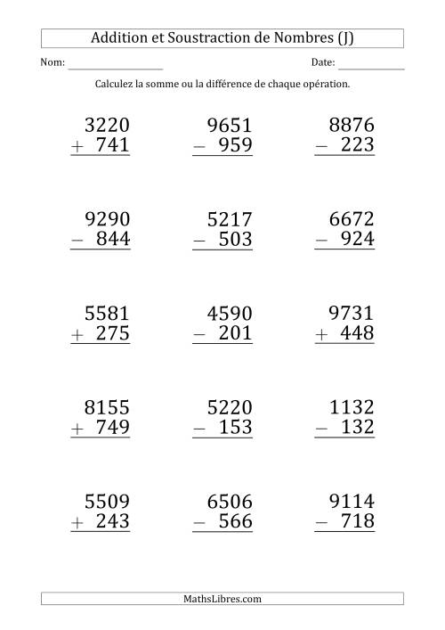 Addition et Soustraction d'un Nombre à 4 Chiffres par un Nombre à 3 Chiffres (Gros Caractère) (J)