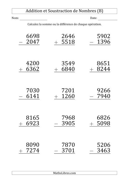 Addition et Soustraction d'un Nombre à 4 Chiffres par un Nombre à 4 Chiffres (Gros Caractère) (B)