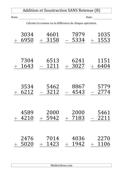 Addition et Soustraction d'un Nombre à 4 Chiffres par un Nombre à 4 Chiffres SANS retenue (Gros Caractère) (B)