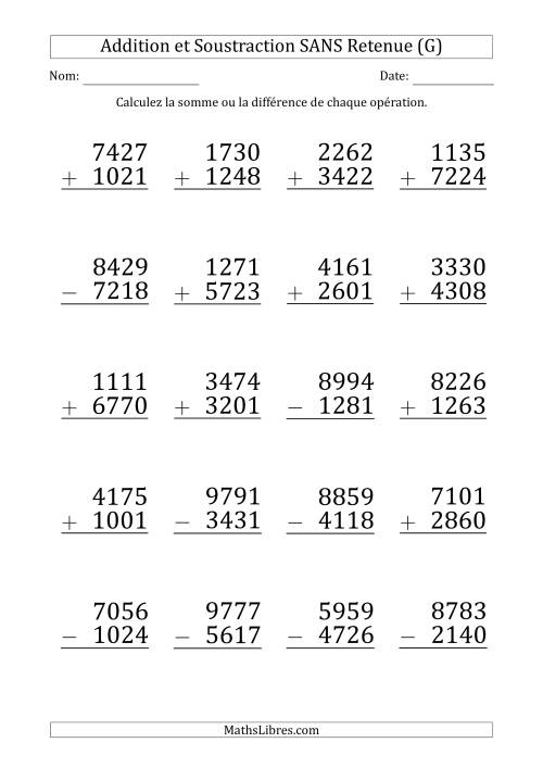 Addition et Soustraction d'un Nombre à 4 Chiffres par un Nombre à 4 Chiffres SANS retenue (Gros Caractère) (G)