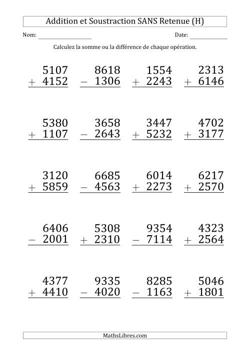 Addition et Soustraction d'un Nombre à 4 Chiffres par un Nombre à 4 Chiffres SANS retenue (Gros Caractère) (H)