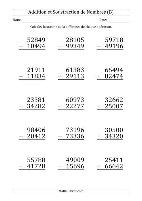 Addition et Soustraction d'un Nombre à 5 Chiffres par un Nombre à 5 Chiffres (Gros Caractère) (B)