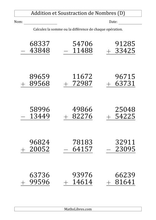 Addition et Soustraction d'un Nombre à 5 Chiffres par un Nombre à 5 Chiffres (Gros Caractère) (D)