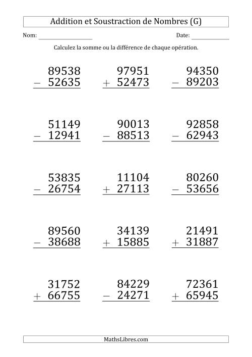 Addition et Soustraction d'un Nombre à 5 Chiffres par un Nombre à 5 Chiffres (Gros Caractère) (G)
