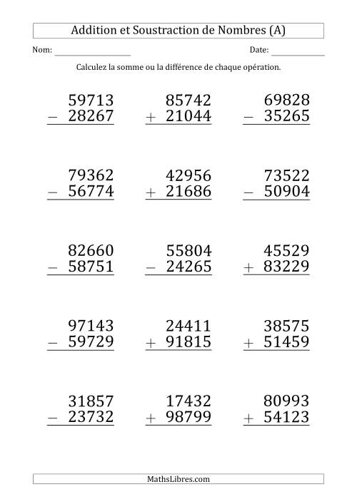 Addition et Soustraction d'un Nombre à 5 Chiffres par un Nombre à 5 Chiffres (Gros Caractère) (Tout)