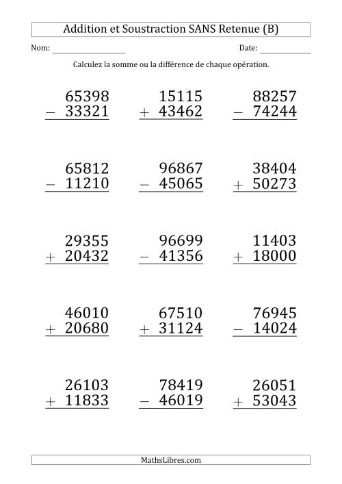 Addition et Soustraction d'un Nombre à 5 Chiffres par un Nombre à 5 Chiffres SANS retenue (Gros Caractère) (B)