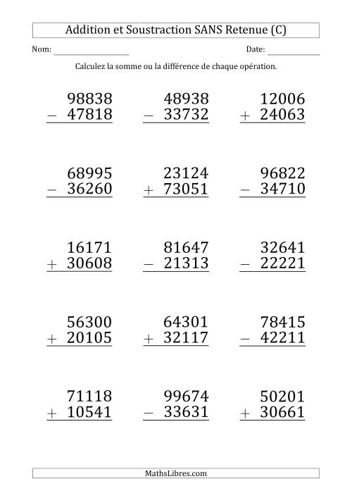 Addition et Soustraction d'un Nombre à 5 Chiffres par un Nombre à 5 Chiffres SANS retenue (Gros Caractère) (C)