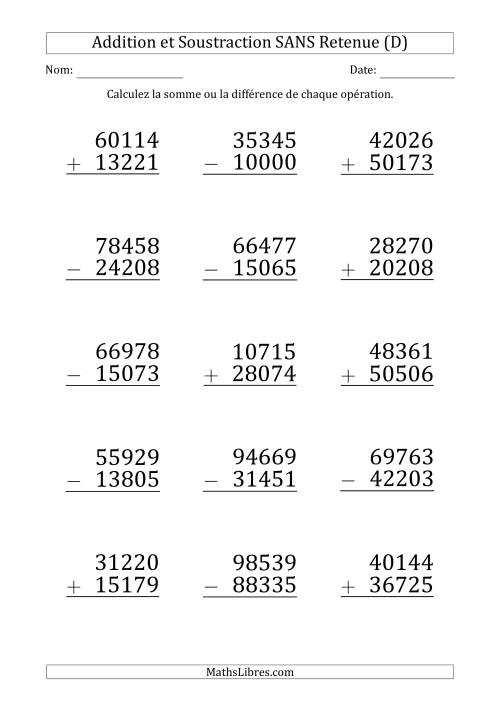 Addition et Soustraction d'un Nombre à 5 Chiffres par un Nombre à 5 Chiffres SANS retenue (Gros Caractère) (D)
