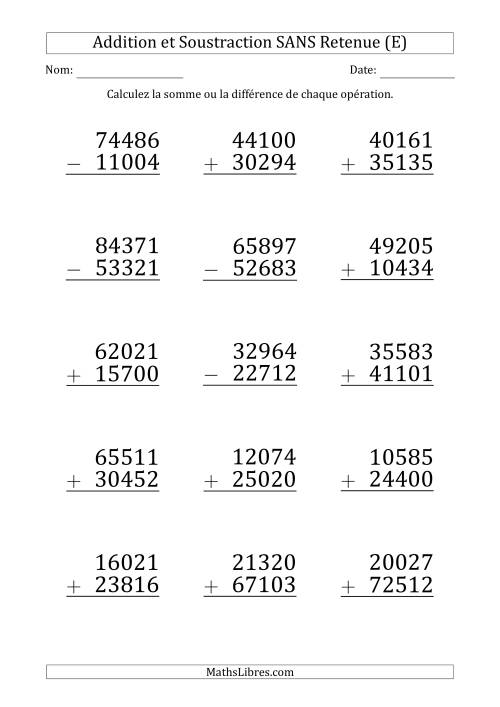 Addition et Soustraction d'un Nombre à 5 Chiffres par un Nombre à 5 Chiffres SANS retenue (Gros Caractère) (E)