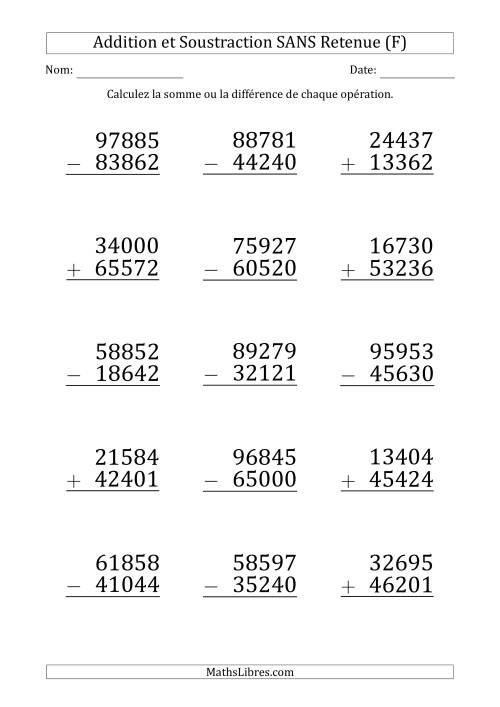 Addition et Soustraction d'un Nombre à 5 Chiffres par un Nombre à 5 Chiffres SANS retenue (Gros Caractère) (F)