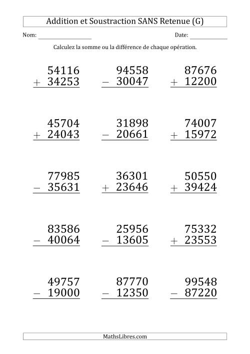 Addition et Soustraction d'un Nombre à 5 Chiffres par un Nombre à 5 Chiffres SANS retenue (Gros Caractère) (G)