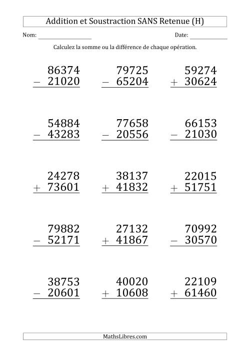 Addition et Soustraction d'un Nombre à 5 Chiffres par un Nombre à 5 Chiffres SANS retenue (Gros Caractère) (H)