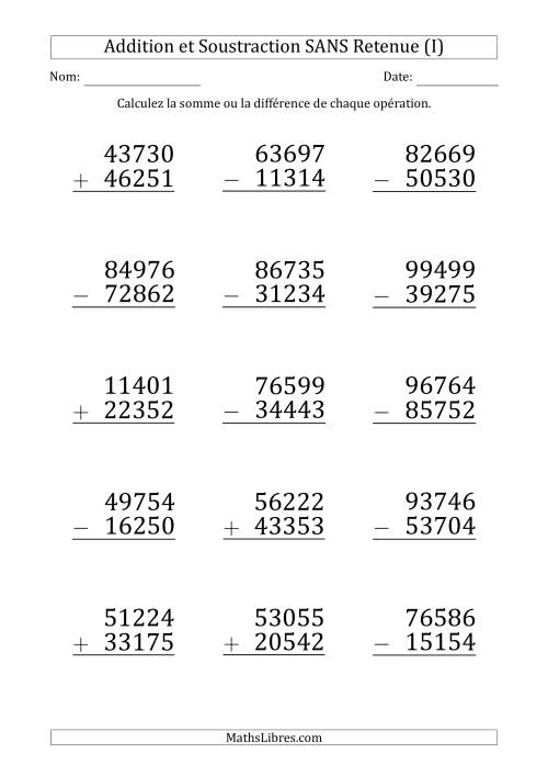 Addition et Soustraction d'un Nombre à 5 Chiffres par un Nombre à 5 Chiffres SANS retenue (Gros Caractère) (I)