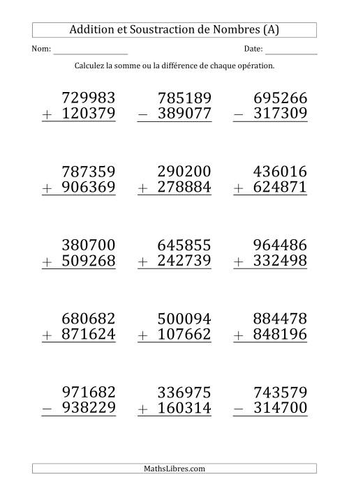 Addition et Soustraction d'un Nombre à 5 Chiffres par un Nombre à 6 Chiffres (Gros Caractère) (A)