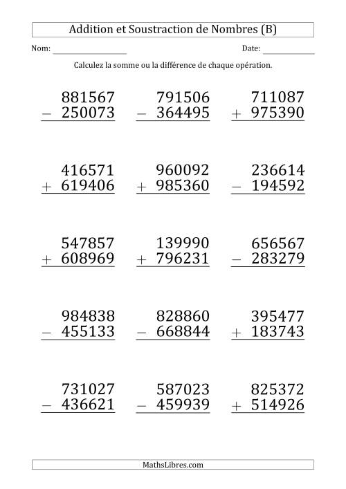 Addition et Soustraction d'un Nombre à 5 Chiffres par un Nombre à 6 Chiffres (Gros Caractère) (B)