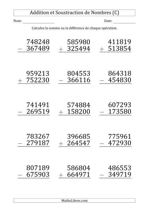Addition et Soustraction d'un Nombre à 5 Chiffres par un Nombre à 6 Chiffres (Gros Caractère) (C)