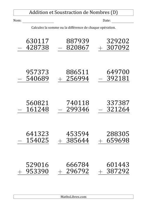 Addition et Soustraction d'un Nombre à 5 Chiffres par un Nombre à 6 Chiffres (Gros Caractère) (D)