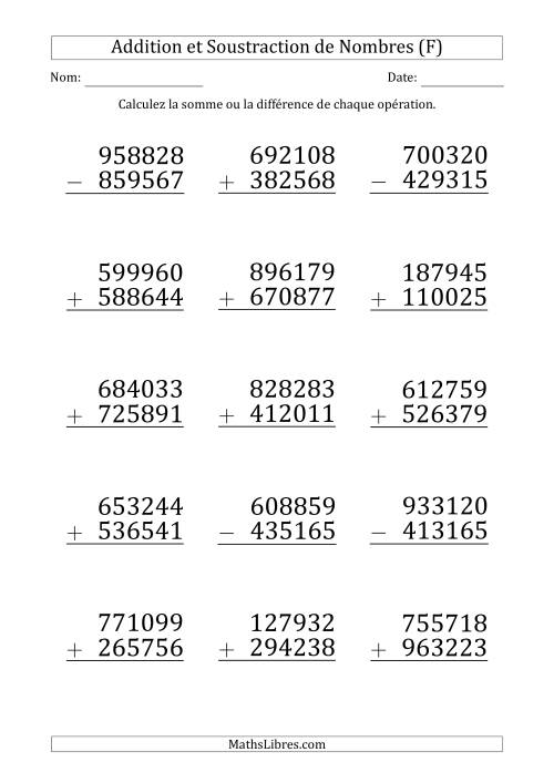 Addition et Soustraction d'un Nombre à 5 Chiffres par un Nombre à 6 Chiffres (Gros Caractère) (F)
