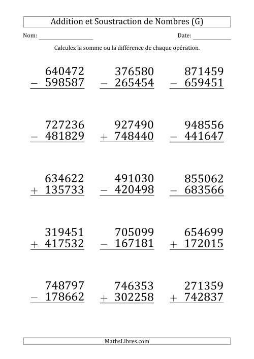 Addition et Soustraction d'un Nombre à 5 Chiffres par un Nombre à 6 Chiffres (Gros Caractère) (G)