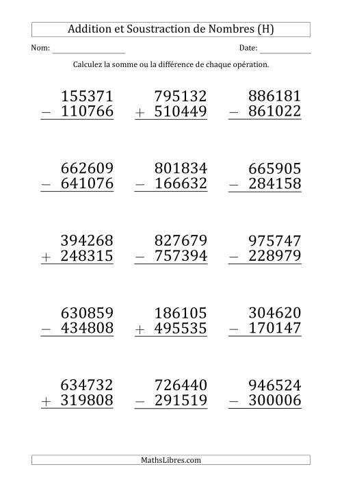 Addition et Soustraction d'un Nombre à 5 Chiffres par un Nombre à 6 Chiffres (Gros Caractère) (H)
