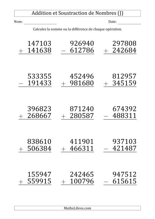 Addition et Soustraction d'un Nombre à 5 Chiffres par un Nombre à 6 Chiffres (Gros Caractère) (J)