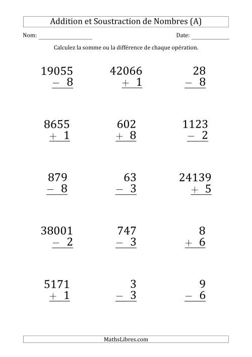 Addition et Soustraction de Divers Nombres par un Nombre à 1 Chiffre (Gros Caractère) (A)