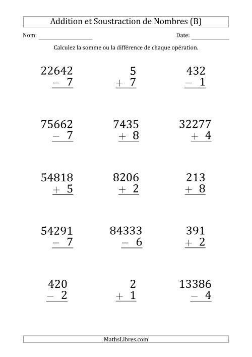 Addition et Soustraction de Divers Nombres par un Nombre à 1 Chiffre (Gros Caractère) (B)