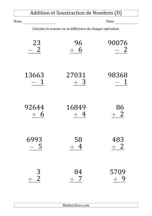 Addition et Soustraction de Divers Nombres par un Nombre à 1 Chiffre (Gros Caractère) (D)