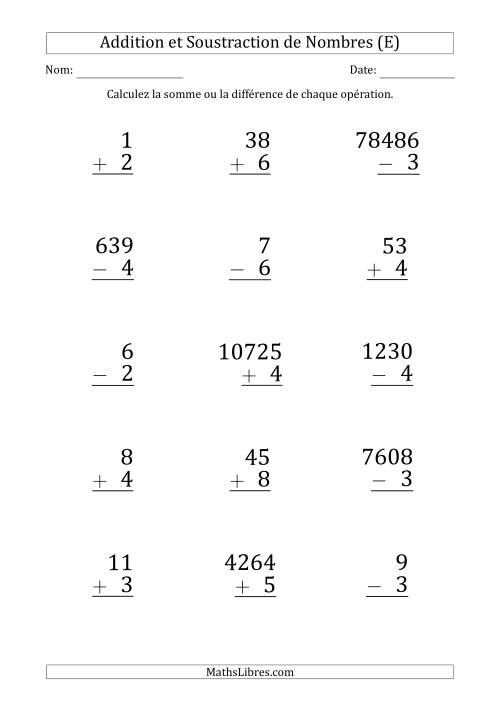 Addition et Soustraction de Divers Nombres par un Nombre à 1 Chiffre (Gros Caractère) (E)
