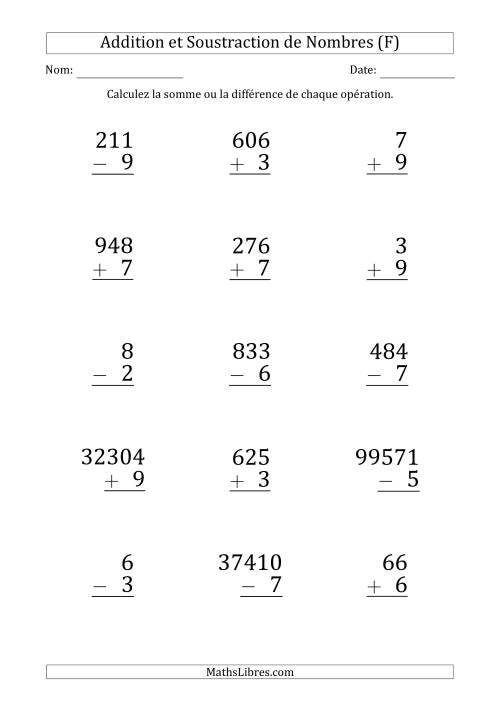 Addition et Soustraction de Divers Nombres par un Nombre à 1 Chiffre (Gros Caractère) (F)
